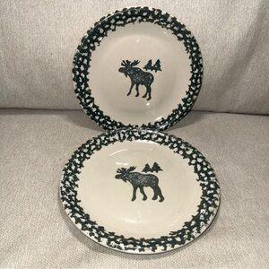 2 VTG Tienshan Folkcraft Heavy MOOSE Green Sponge Stoneware 10-3/8 Dinner Plates